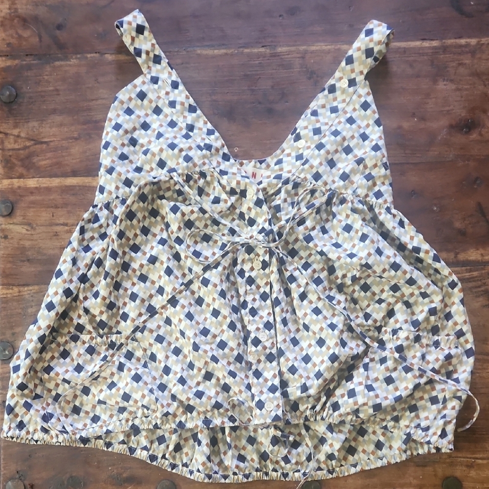 Marni Blue, Tan and White Tie Front Sleeveless Tank Top